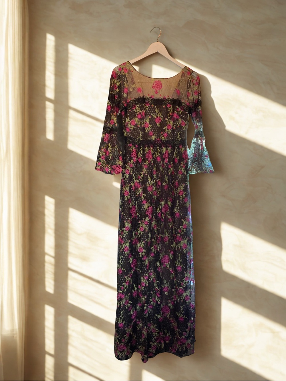 Marchesa Black Sheer Maxi Dress with Pink Floral Embroidery
